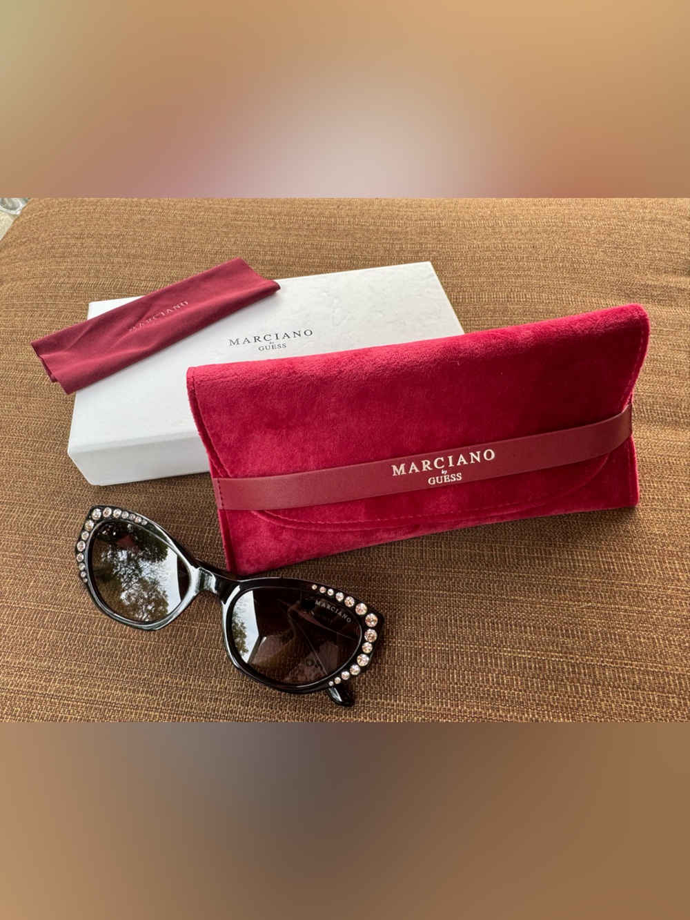 Marciano by Guess Women's Black Rhinestone Cat-Eye Sunglasses Red Velvet Case